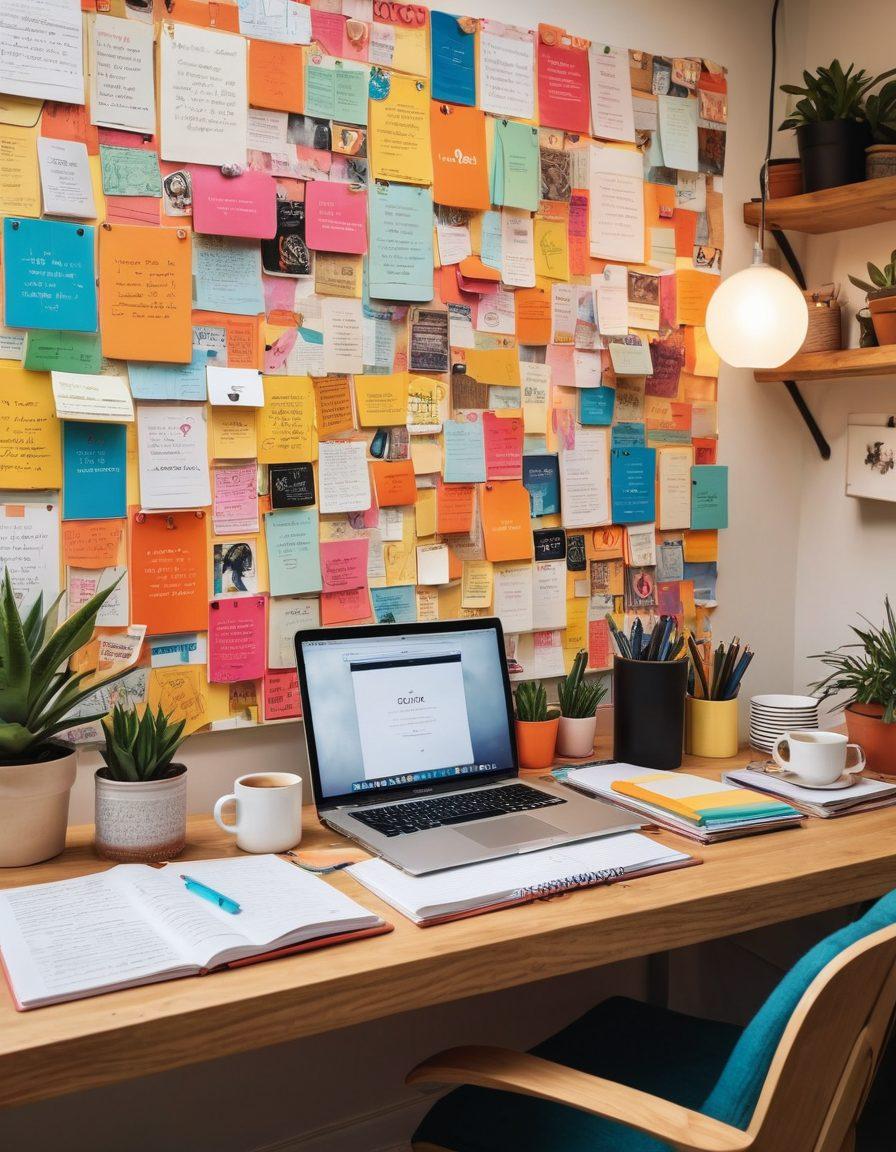 A vibrant workspace with a laptop open to a colorful online journal, surrounded by notebooks, coffee cups, and inspirational quotes on the walls. The scene should convey creativity and productivity, showing a joyful person typing away, with dollar signs subtly integrated into the decor. Bright, inviting colors to evoke positivity and motivation. super-realistic. vibrant colors.