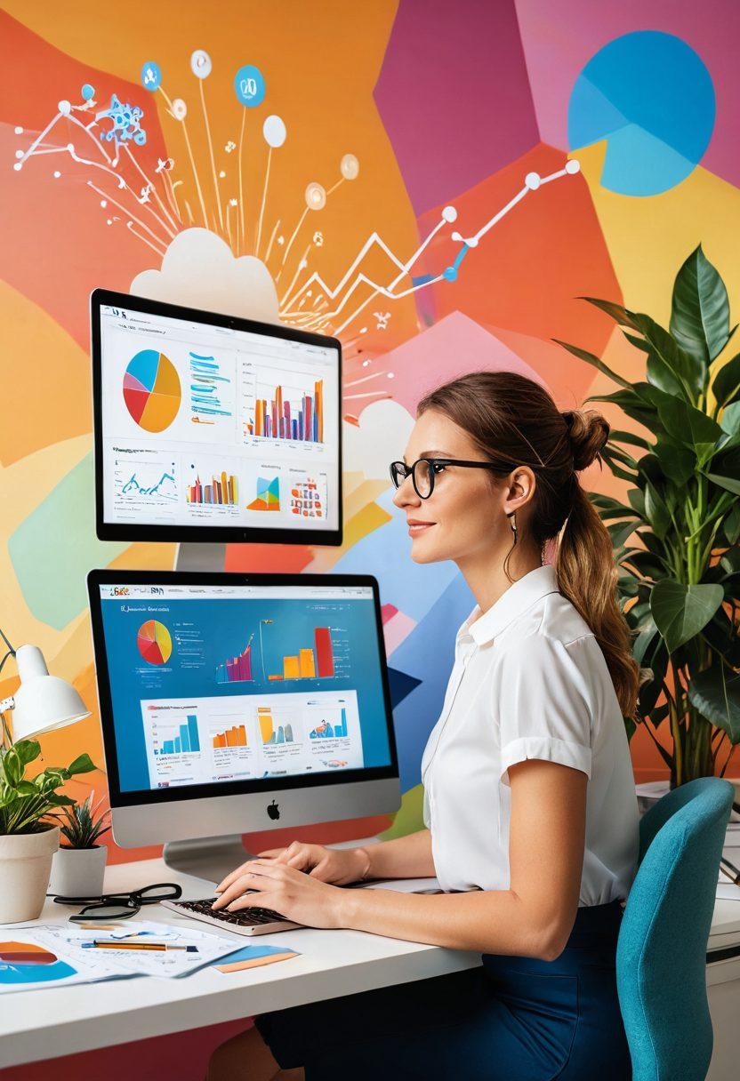 A dynamic collage illustrating a blogger at a desk surrounded by colorful charts and graphs representing SEO data, social media icons floating around, and an open laptop displaying a blog post. Incorporate elements of growth like a blooming plant symbolizing expansion. The background should be bright and energizing, showcasing rays of sunlight breaking through clouds to signify success and engagement. vibrant colors. modern flat design.