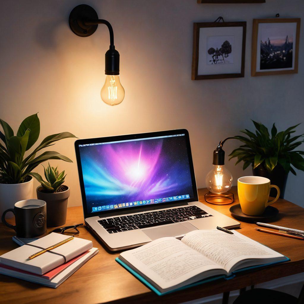 A captivating open journal with pages filled with eye-catching content ideas and a light bulb symbolizing creativity hovering above. Surround the journal with tools for blogging such as a laptop, camera, and coffee mug, showcasing a workspace vibe. Use vibrant colors to enhance the energy of the scene and include soft, inviting lighting to create an engaging atmosphere. digital painting. vibrant colors. cozy workspace.